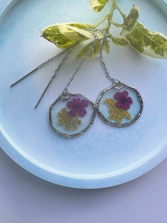 yellow lace flower and purple tiny real flowers silver earrings perfect birthday anniversary gift