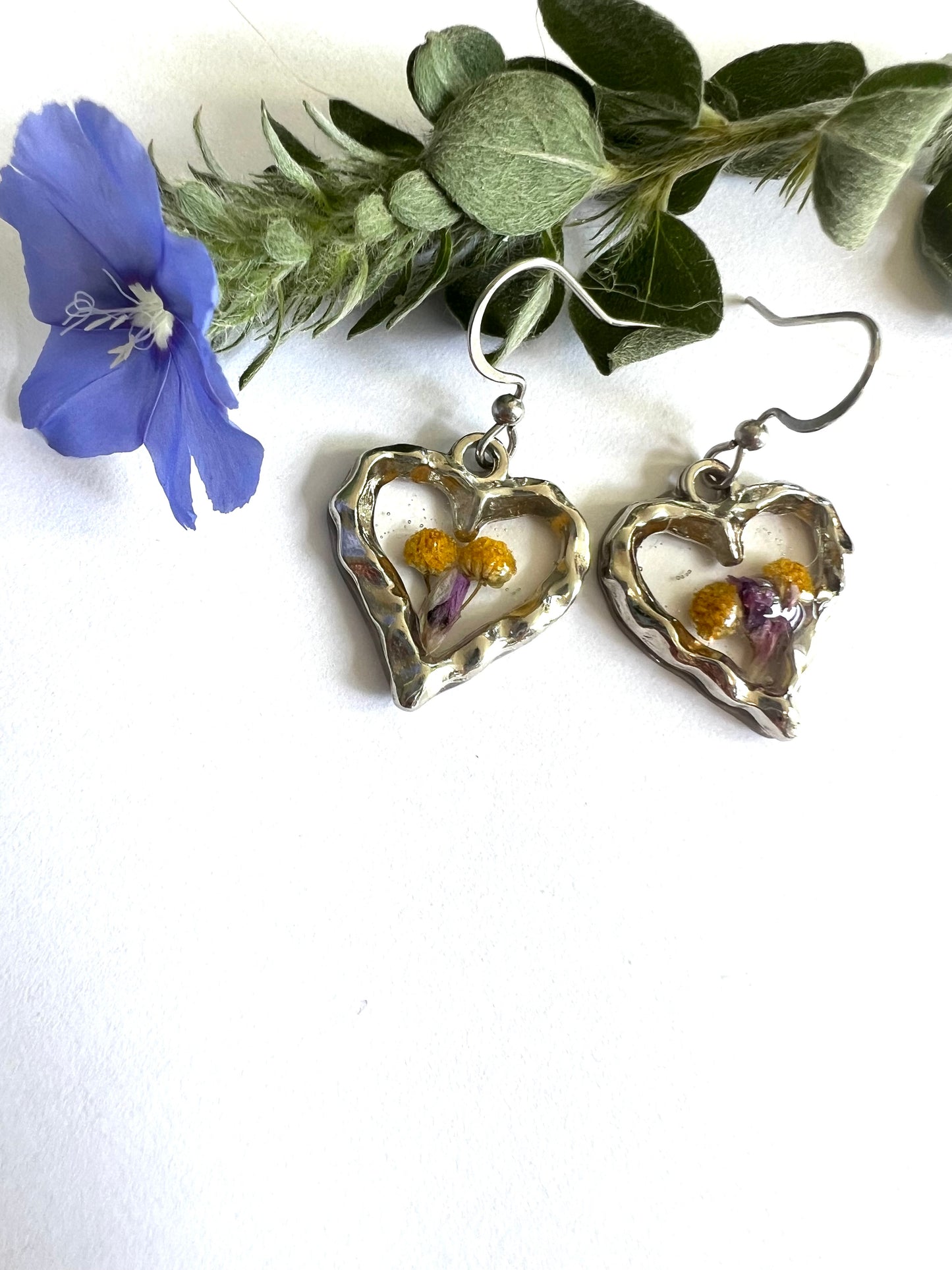 Dainty silver heart shape earrings with yellow and purple wild flower fynbos of Cederberg minimalist perfect gift 