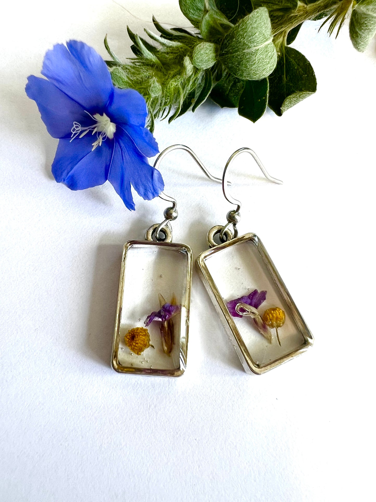 Dainty silver tectangle shape earrings with yellow and purple wild flower fynbos of Cederberg minimalist perfect gift